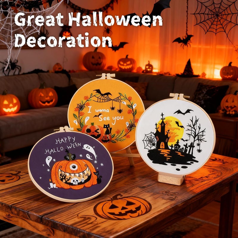 BBLYBD Halloween Embroidery Kit, Pumpkin Cross Stitch Kits, 4 Set Craft Kits for Beginners with Pre-Printed Embroidery Fabric, Hoops, Step-by-Step Instructions, Color Threads & Needles (Halloween-4 Set) - Image 4